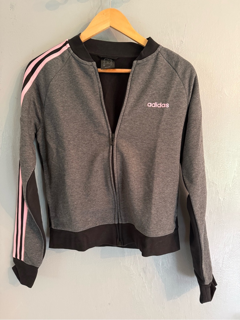 adidas Women's Dark Gray Bomber-Style Track Jacket with Pink Stripes